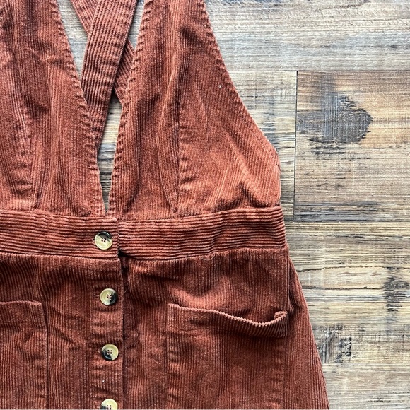 Indigo Rein Overall Dress Womens Size 3 / 25 Brown Corduroy Deep V Pockets - Picture 2 of 6